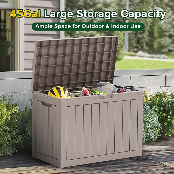 45 Gallon Waterproof Large Resin Deck Box Indoor/Outdoor Lockable Storage Container and Seating for Garden, Pool, and Patio (45 Gallon, Grey)