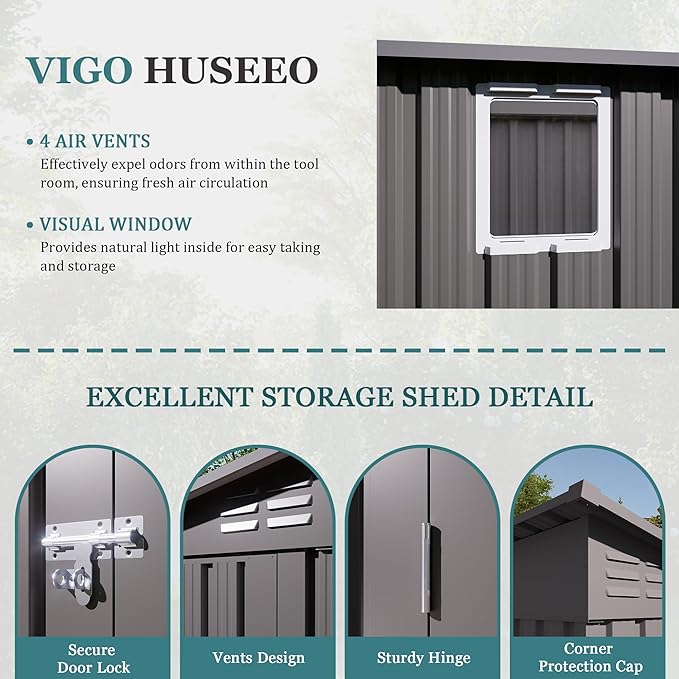 4 * 9.2 * 6 FT Outdoor Storage Shed, Galvanized Steel Garden Shed with Lockable Door & Window, Waterproof Metal Tool Storage for Garden, Backyard, Patio, Lawn(Gray)