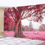 FENDROM Autumn Pink Flower Tapestry Window View Wall Hanging, Nature Forest Floral Trees Garden Scenic Tapestries for Living Room Home Office Dorm