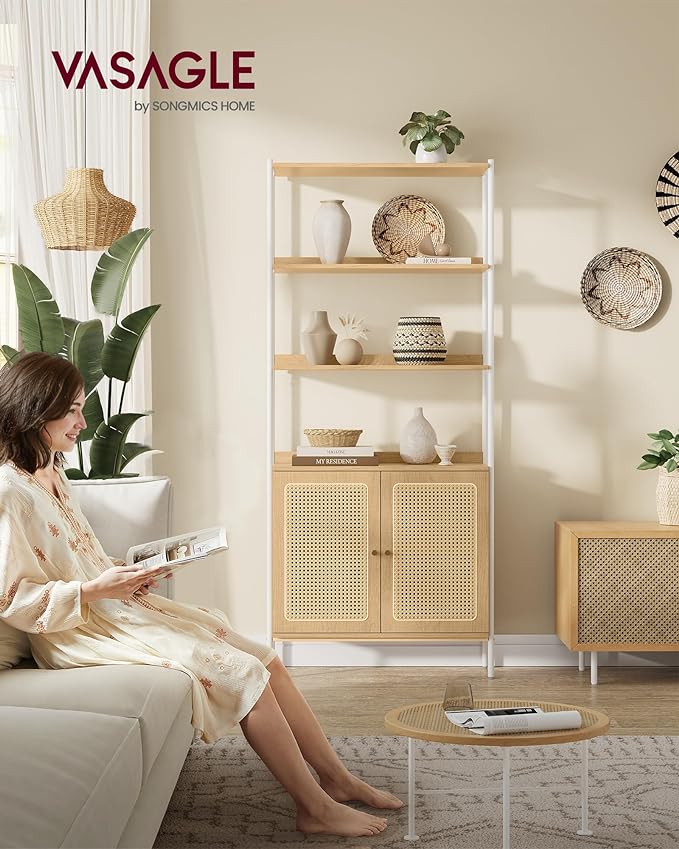 VASAGLE 6-Tier Bookcase, Bookshelf with Rattan-Like Door, Boho Style, Freestanding 30.1-Inch Wide Storage Shelf, Metal Frame, Adjustable Shelf, for Living Room, Oak Beige and Pearl White ULLS124W57