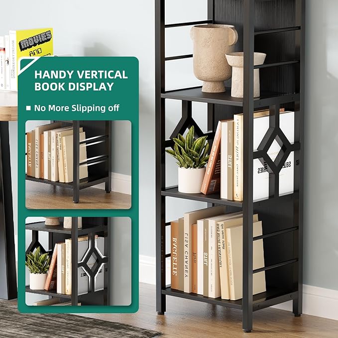 YITAHOME Narrow Bookshelf, 5-Tier Industrial Book Shelf Storage Rack, Display Shelves Stand Etagere for Small Spaces, Open Bookcase for Bedroom Living Room Bathroom Kitchen, Black