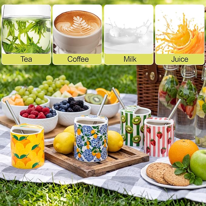 4 Pack Fruit Ceramic Coffee Mug with Sip Hole 10 Oz Espresso Cup with Straws Retro Hand Painted Fruit Porcelain Coffee Tea Cup Cappuccino Latte Mug for Kitchen Dining Travel