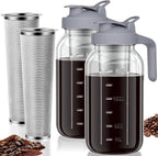 Cold Brew Coffee Maker, 64 oz Glass Mason Pitcher | 100μm stainless steel filter, wide mouth design, leak-proof lid with handle, pour spout for iced coffee, tea and cold drinks