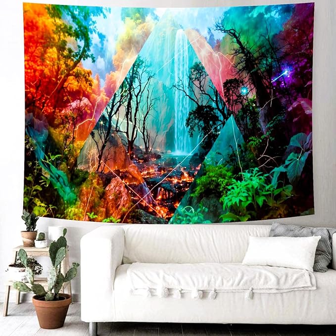 Delur Forest Tapestry Waterfall Mountain Rainforest Sunset Nature Tree Tapestry Wall Hanging Scenic Tropical Landscape Natural Sunrise Headboard for Bedroom Living Room Home Decor (59.1" x 78.7")