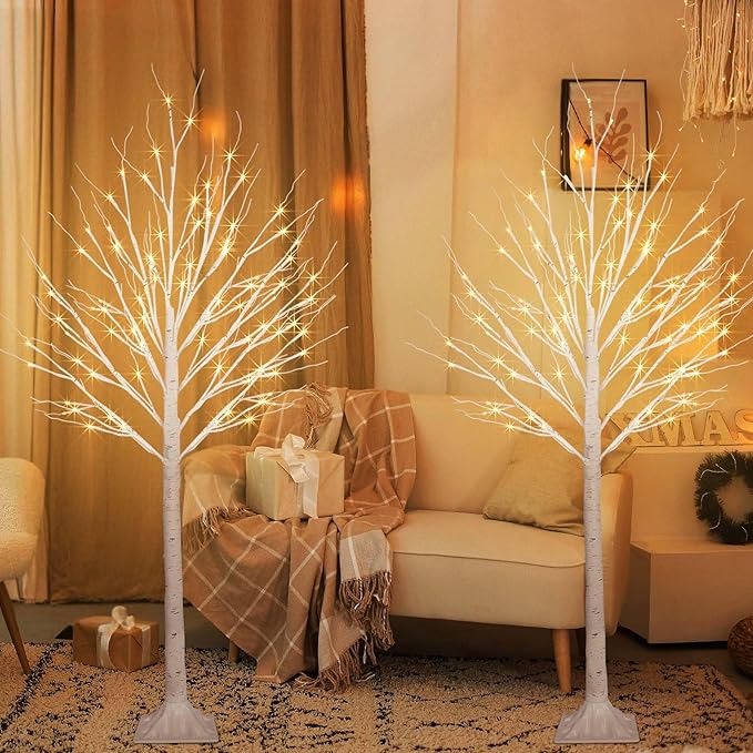2 Pack 5FT 200LED Christmas Lighted Birch Tree, Timer Function Prelit Artificial Tree Lamp Plug in with Warm White Lights, 2 Modes Twinkling Twig Trees for Indoor Outdoor Party Christmas Decorations