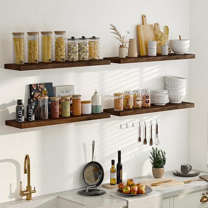 55 Inch Floating Shelves for Wall, Elm Wood Floating Shelves for Home Décor, Wall-Mounted Display Shelves with Heavy-Duty Bracket, Live Edge Long Floating Shelf for Kitchen, Living Room, Walnut
