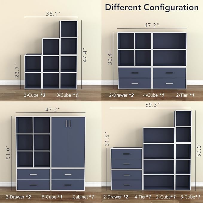 Apexa 3-Tier Cube Storage Organizer Shelves, Stackable Wood Bookcase Fits Cubby Bins for Organization, Dorm Teen Room Decor & Home Office, Steel Blue