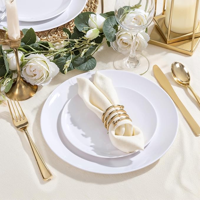 PULOTE 200 Pieces White Plastic Plates Disposable - Include 100PCS 10 inch Dinner & 100PCS 7 inch Dessert Plates, Ideal for Party & Wedding