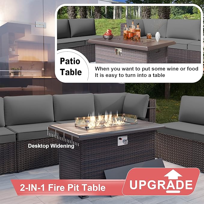 15PCS Patio Furniture Set with Fire Pit Table Outdoor Sectional Furniture Outdoor Sofa Rattan Patio Conversation Sets with 43in 55,000 BTU Propane Gas Fire Pit Table Glass Table, Grey