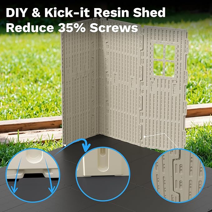 Devoko Plastic Storage Shed with Floor, 8 x 12 FT Outdoor Resin Tool Shed with Lockable Door & Sloping Roof, Patio Kick-it Shed for Garden, Backyard, Lawn, Beige