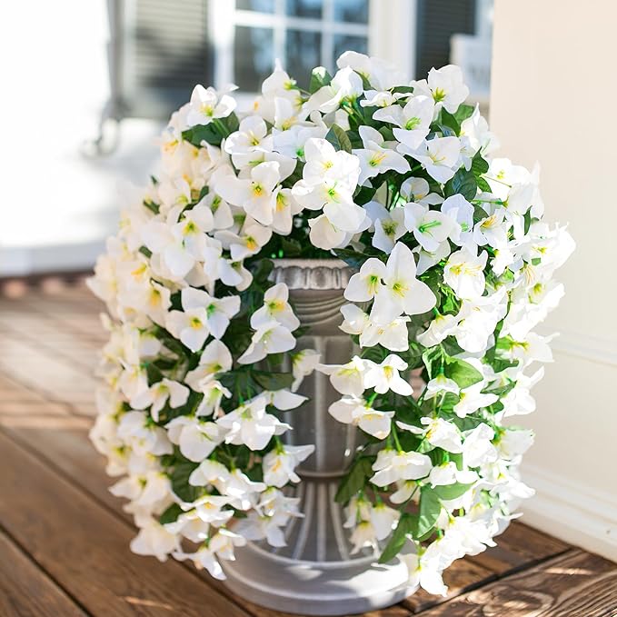 Faux Bougainvillea Artificial Flowers Plants for Outdoors Outside Decoration, 2 PCS White Fake Flowers UV Resistant Look Real Silk Long Trailing Vines for Front Door Porch Planter Patio Garden Yard