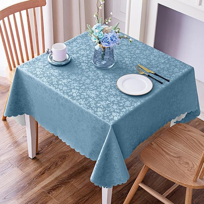 Smiry Square Waterproof Heavy Duty Vinyl Tablecloths, 54 x 54 Inch | Wipeable Washable Floral Embossed Table Cover for Kitchen and Dining Room, Indoor & Outdoor Use, Stone Blue