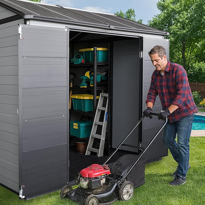 8x6ft Resin Outdoor Storage Shed with Floor and 2 Windows, Plastic Sheds & Outdoor Storage Clearance for Patio Furniture, GardenTools, Bike Accessories and Lawn Mower, Black+Grey