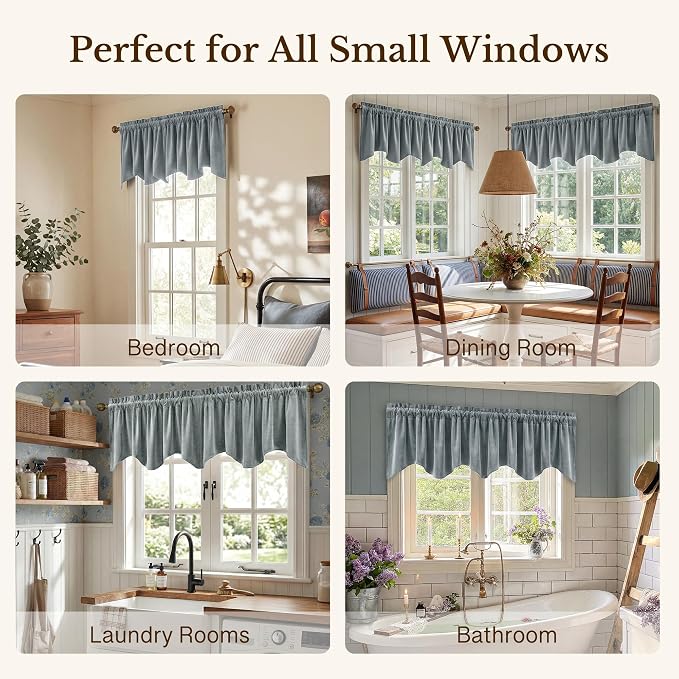 Stone Blue Velvet Window Valance Scalloped 52x18 Inch 1 Panel | Soft Wavy Blue Scalloped Curtains for Small Windows, Modern Window Treatment for Bathroom, Laundry, RV