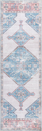 nuLOOM Olga Machine Washable Distressed Vintage Medallion Ultra Thin Runner Rug, 2' 6" x 8', Blue
