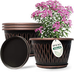 4 Pack 10 Inch Retro Plant Pots, Vintage Striped Flower Pots with Drainage Hole & Saucer, Large Plastic Planters for Indoor and Outdoor Plants, Decorative Garden Pots(Copper)
