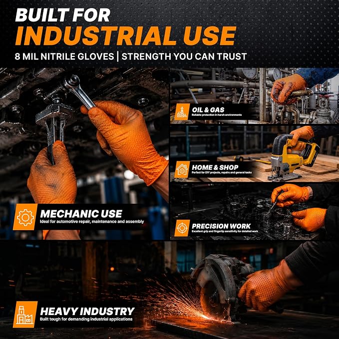 TitanFlex Heavy Duty Industrial Orange Nitrile Gloves, 8-mil, Gloves Disposable Latex Free with Raised Diamond Texture Grip, Powder Free, Rubber Glove, Mechanic Gloves,1000-ct Case (XXL)