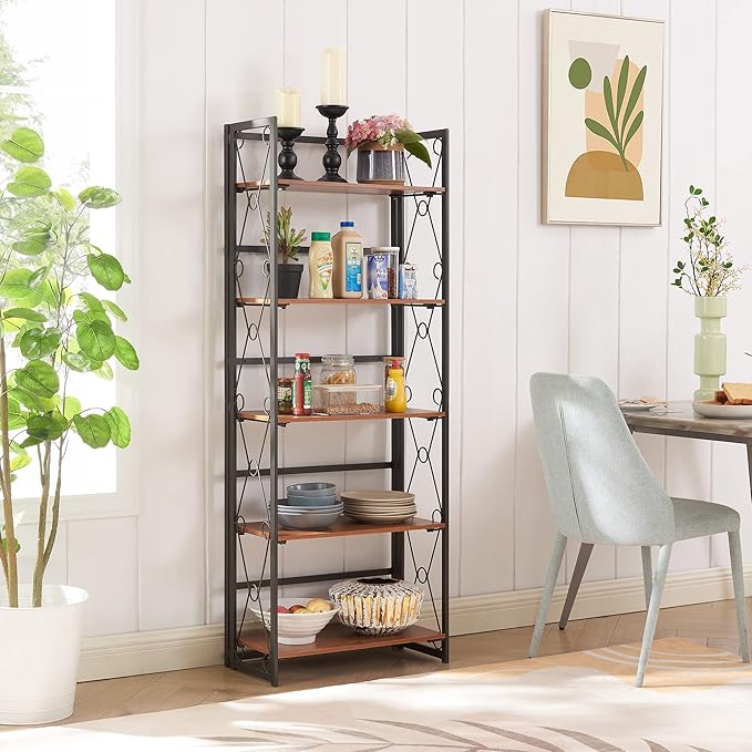 VECELO Folding Bookshelf,5 Tier Bookcase Foldable Easy Assembly, Industrial Book Shelf Storage Organizer with X Metal Frame and Anti-Toppling Design,