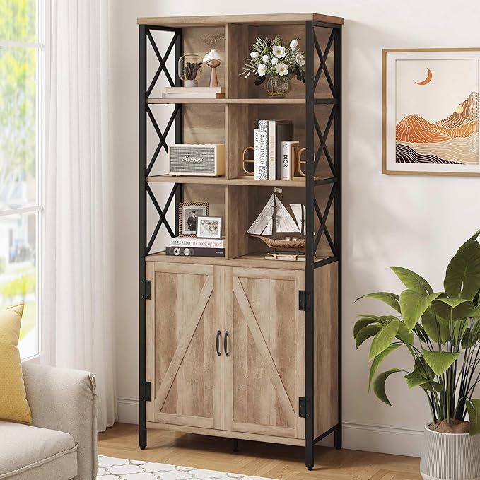 FATORRI Bookshelf with Doors, Rustic Tall Bookshelf with Cabinet, Industrial Farmhouse Book Shelf and Cube Organizer Bookcase for Living Room (Rustic Oak)