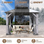 8.5 x 8.5FT Wood Gazebo,Outdoor Wooden Hardtop Gazebo with Galvanized Steel Doule Roof,Cedar Wood Frame Gazebos with Netting &Curtains for Backyard Deck