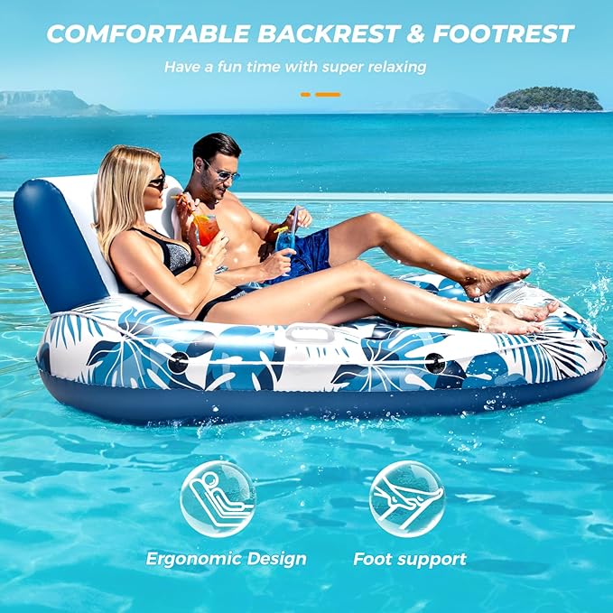 Pool Floats Adult 1-2-3 Person Inflatable Lounger, Extra Large Tanning Recliner Floaty Chair Raft with Backrest, Footrest, Cup Holder for Pool, Lake, River, Beach, Ocean & Party Use