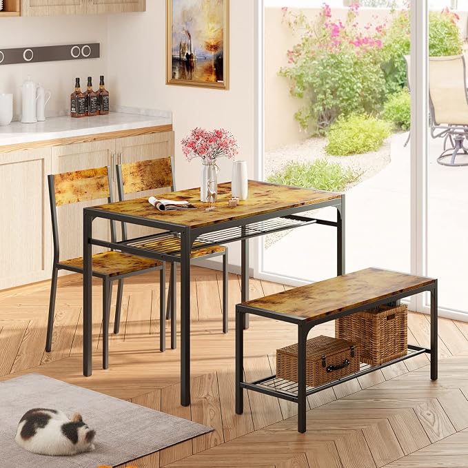 Gizoon 4-Piece Dining Table Set for 4, Kitchen Table with Bench Rustic | Space-saving rustic 4-piece dinette set with metal storage rack. Includes 2 ergonomic chairs and 1 bench. Easy to clean.