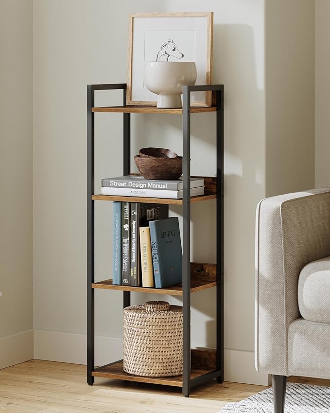 4-Tier Bookshelf, Narrow Bookcase with Open Shelves, Short Book Shelf Coner Shelf for Living Room, Bedroom, Home Office, Study, Bathroom,9.4 x 15.7 x 41.7 Inches, Rustic Brown and Black