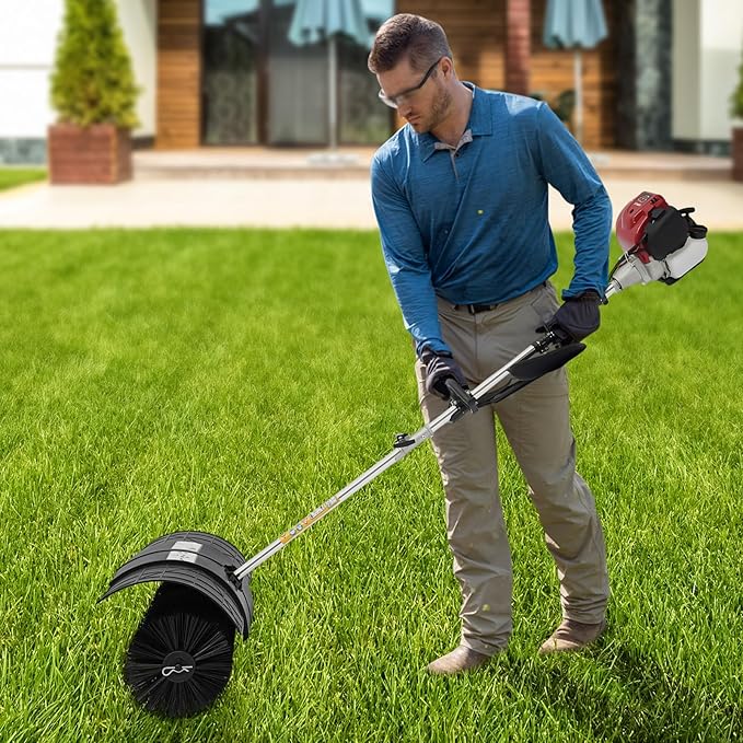 Gas Power Sweeper,31CC 1.4HP 4 Stroke Power Broom Sweeper Handheld Walk Behind Cleaning Driveway,Gas Powered Lawn Sweeper Snow Brush Sweeper for Park Lawn Sidewalk Outdoor