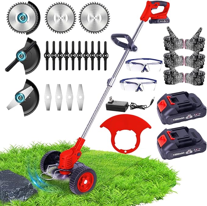 Weed Wacker Cordless Adjustable Weed Eaters 3 in 1 Electric String Trimmer Lawn with Two Battery with Charger Comes with Multiple Blades for Yard,Green,Garden(Red)