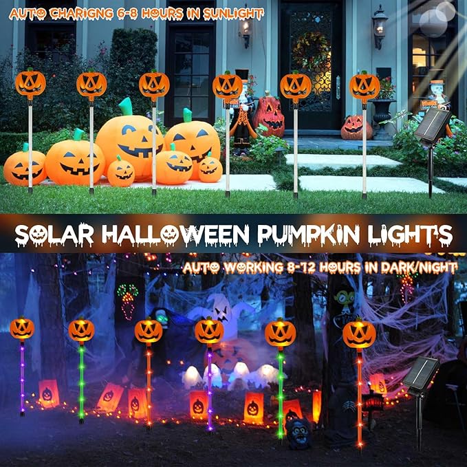 12 Pack Solar Pumpkin Lights for Halloween Decorations Outdoor, Waterproof Halloween Pathway Lights with 8 Modes, Orange Purple and Green Halloween Walkway Stake Lights for Yard Garden Party Decor