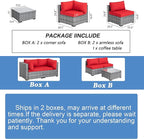 Shintenchi 5 Pieces Outdoor Patio Sectional Sofa Couch, Silver Gray PE Wicker Furniture Conversation Sets with Washable Cushions & Glass Coffee Table for Garden, Poolside, Backyard (Red)