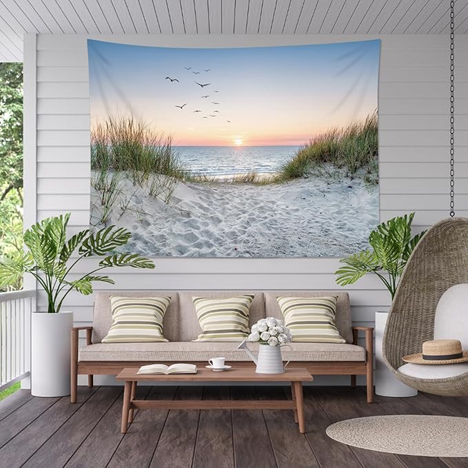 HVEST Ocean Beach Tapestry Wall Hanging, Sunset Seabird and Beach with Grass, Natural Landscape for Bedroom, Living Room, Dorm Decoration, 92.5x70.9 Inches