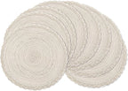 SHACOS Boho Round Placemats Set of 8 Braided Border Round Place Mats 15 inch Washable Dining Table Mats for Home Wedding Holiday Party (Ivory Bordered, 8)