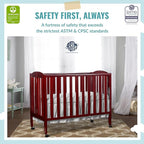 Dream On Me 3 in 1 Portable Folding Stationary Side Crib in Cherry, Greenguard Gold Certified, Safety Wheel with Locking Casters, Convertible, 3 Mattress Heights