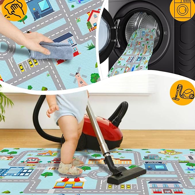 Kids Car Rug, 5' 3" x8' City Life Traffic Road Playmat for Toy Cars Trains, Non-Slip Race Track Carpet Educational Fun Area Rugs for Boy and Girl Bedroom Nursery