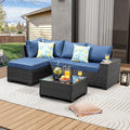 5 Pieces Patio Furniture Set All-Weather Outdoor Wicker Sectional Conversation Sofa Rattan Patio Seating Sofa with Cushion and Glass Table and Ottoman for Porch Poolside,Navy