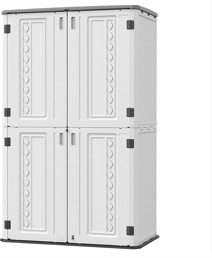 Vertical Resin Storage Shed, 52 Cubic Feet Outdoor Storage Cabinet Waterproof for Garden/Backyard/Home/Pool, Customized Shelves & Lockable(Off White)