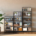 4NM No-Assembly 4 Tiers Folding Bookshelf Storage Shelves Vintage Bookcase Standing Racks Study Organizer Home Office (Rustic Brown and Black)