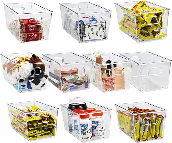 10 PACK Clear Storage Bins Clear Storage Containers for Kitchen Pantry Organization, Organizing Bins with Built in Handles, Cabinet Organizers