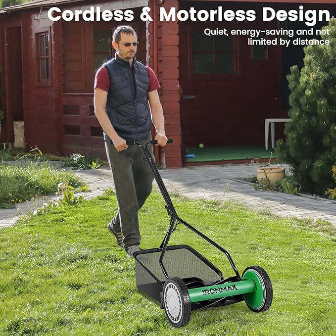 Goplus Manual Lawn Mower, 14 Inch 5-Blade Walk-Behind Cordless Grass Cutter with 7 Gallon Removable Grass Collect Bag, Adjustable Cutting Heights, Push Reel Lawn Mower for Yard, Garden