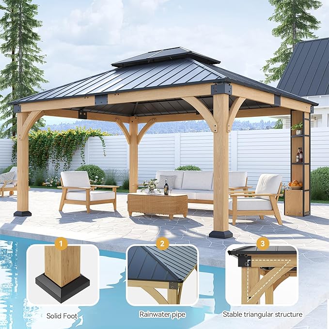 12x14 ft Cedar Wood Gazebo with Sunlight Roof &Storage Cabinet, Hardtop Gazebo with Galvanized Steel Double Roof, Heavy Duty Pavilion for Patio Lawn and Garden