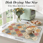 Bohemian Vintage Dish Drying Mat for Kitchen Counter Coffee Bar 18x24 in | Decorative Non Slip Absorbent Kitchen Dishes Drainer Mat, with Anti-slip Rubber Backing & Hanging Loop, for Sink, Home Gift