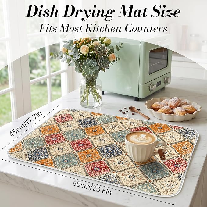 Bohemian Vintage Dish Drying Mat for Kitchen Counter Coffee Bar 18x24 in | Decorative Non Slip Absorbent Kitchen Dishes Drainer Mat, with Anti-slip Rubber Backing & Hanging Loop, for Sink, Home Gift