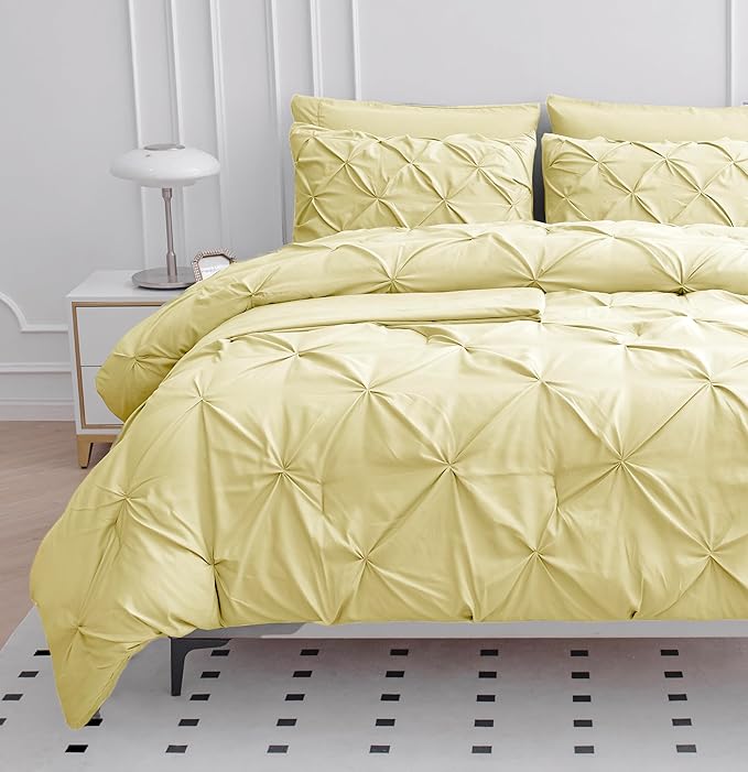 LANE LINEN King Comforter Set – 7 Piece Bed in a Bag – Pinch Pleated King Size Bedding Set with Comforter, Flat Sheet, Fitted Sheet, 2 Pillowcases & 2 Shams – Soft Pintuck Bed Set - Vanilla