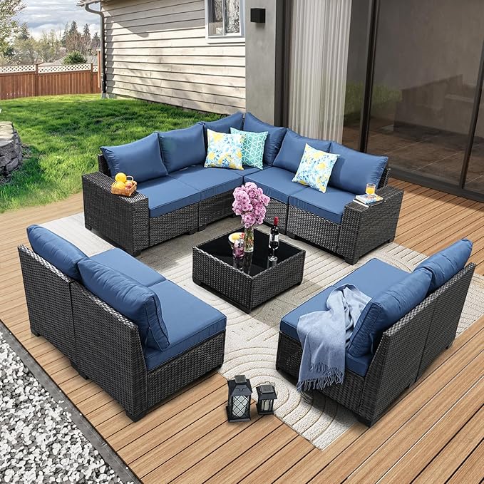 10 Pieces Patio Furniture Set All-Weather Outdoor Wicker Sectional Conversation Sofa Rattan Patio Seating Sofa with Cushion and Glass Table for Porch Poolside,Navy