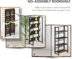 4NM No-Assembly Folding Bookshelf Storage Shelves 4 Tiers Vintage Bookcase Standing Racks Study Organizer Home Office (Rustic Brown and Black)