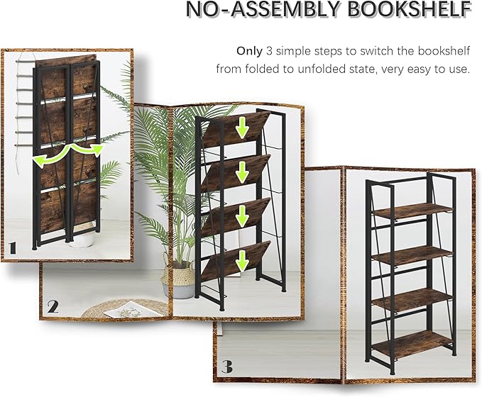 4NM No-Assembly Folding Bookshelf Storage Shelves 4 Tiers Vintage Bookcase Standing Racks Study Organizer Home Office (Rustic Brown and Black)