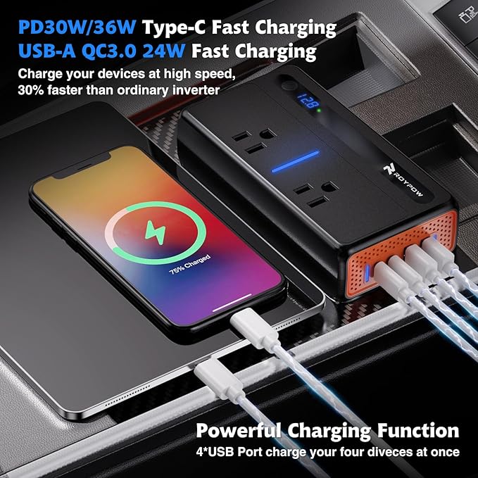 RoyPow 300W Car Power Inverter, DC 12V to 110V AC Power Inverter with Cigarette Lighter Port, Car Plug Adapter Outlet with 3.4A USB-A, QC3.0 24W, PD 30W, PD 36W, Dual AC Outlets, Car Charger Adapter
