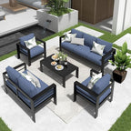 Solaste Aluminum Patio Furniture Set,5 Pieces Modern Outdoor Conversation Set Sectional Sofa with Upgrade Cushion and Coffee Table,Black Frame and Blue Cushion