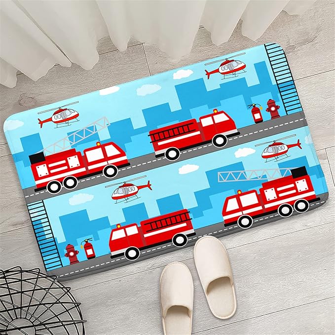 Car Rug Play Mat Car Rug Play Mat Car Rug for Boys Room Fire Fighting Truck Red Car Printed Rug Play Rug for Cars and Trucks Play Rugs for Kids Rooms,Light Blue 2'×3'